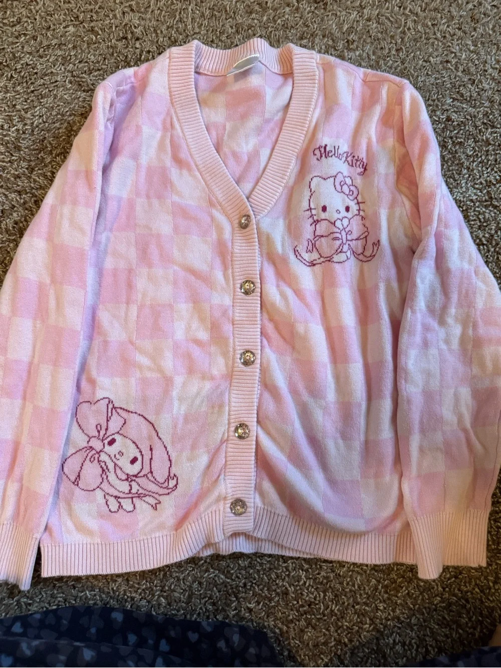 Hello Kitty Pink Checked Girls' Button-Front Cardigan